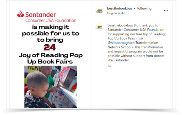 Santander Consumer USA Foundation Supporting our Free Joy of Reading Pop Up Book Fairs